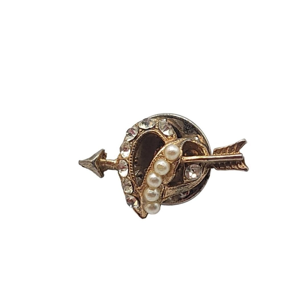 BAB Ballou Faux Pearl Clear Glass Rhinestone Heart Gold Tone Tie Tack Vintage